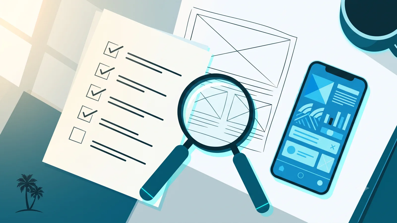 Checklist and magnifying glass on a desk, representing how to evaluate a software company in Jaffna
