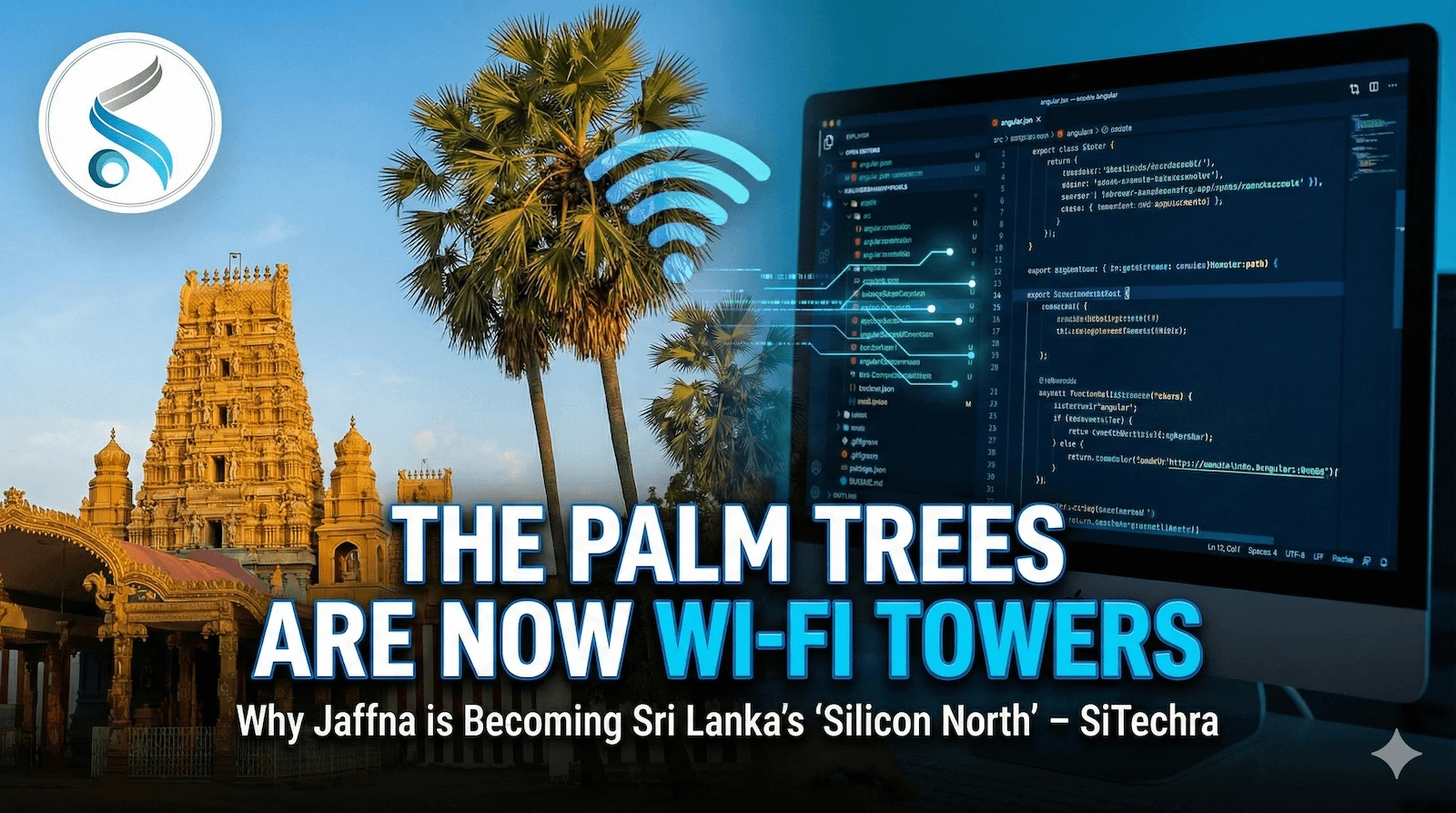 Jaffna skyline blended with digital circuitry representing the north as a tech hub