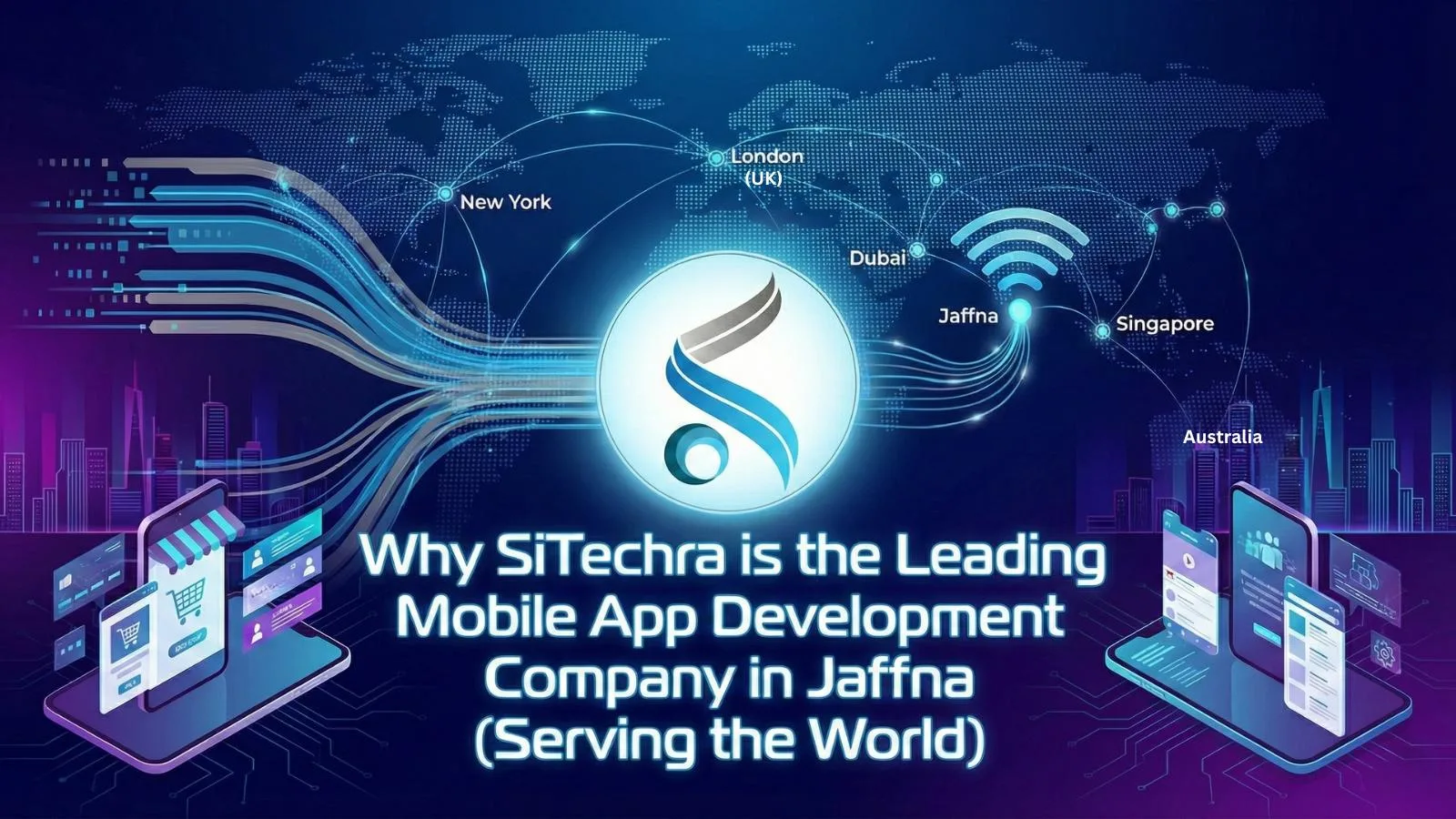 Mobile app screens on Android and iOS phones built by a Jaffna development team