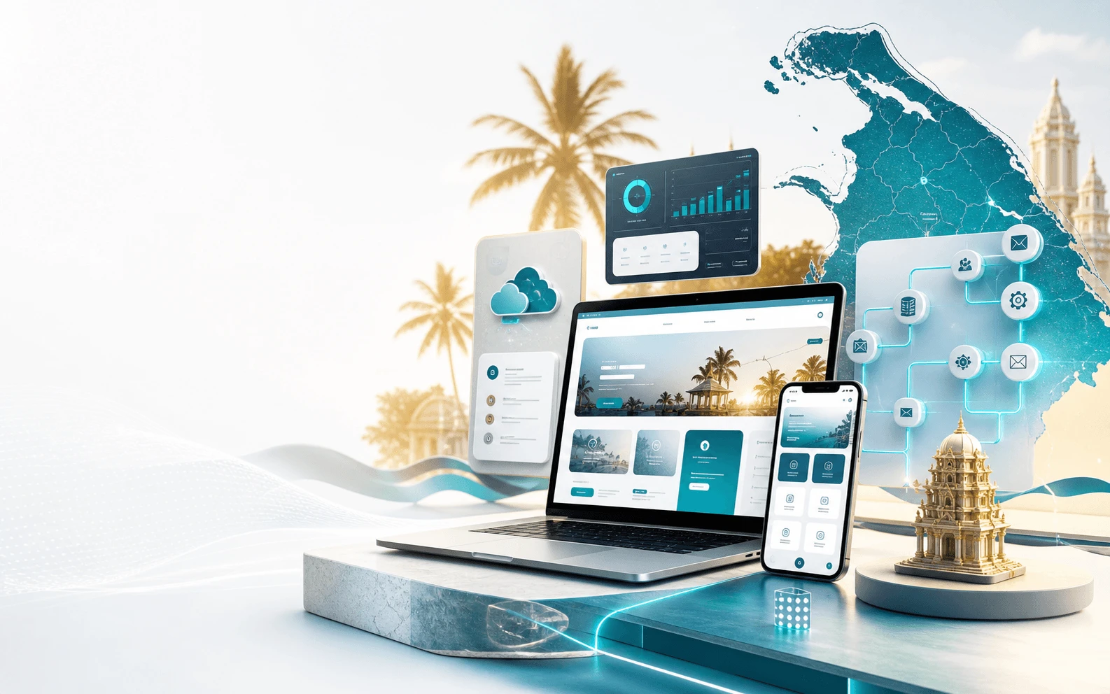 Modern software company concept with website, mobile app, cloud, and automation visuals for Jaffna businesses