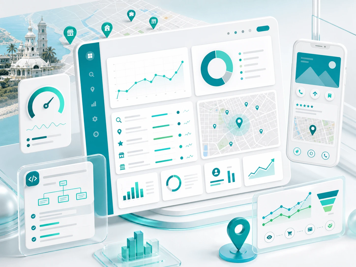 Business website growth dashboard with search, mobile, and enquiry visuals